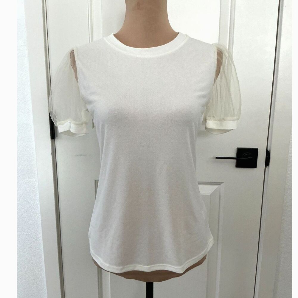 E&M Ivory Sheer Mesh Puff Sleeve Mixed Media Top Women’s Size L